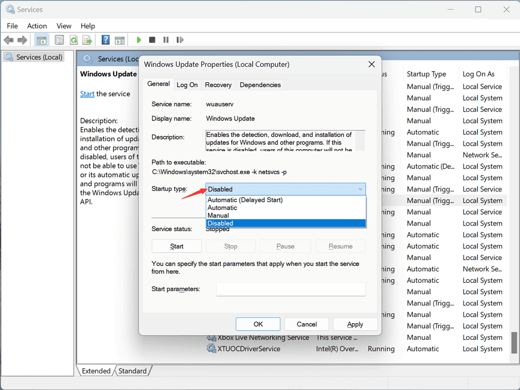 Disable Windows Updates services