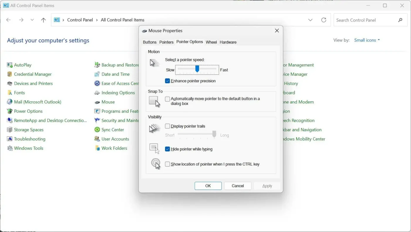 Mouse Properties through Control Panel