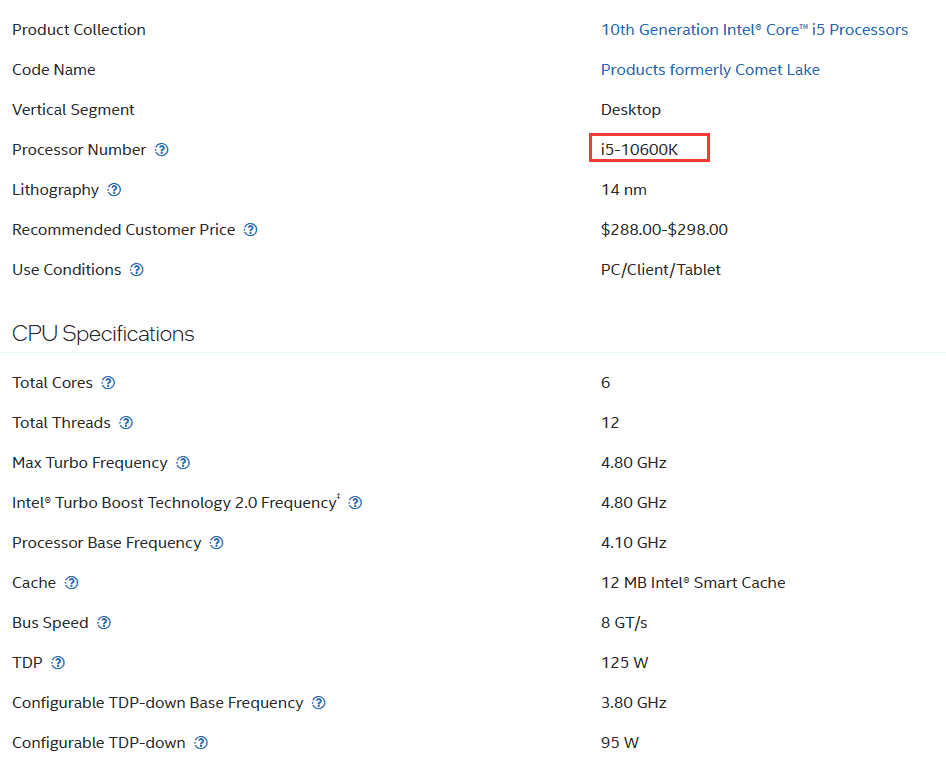 Processor Number of i5 10600K