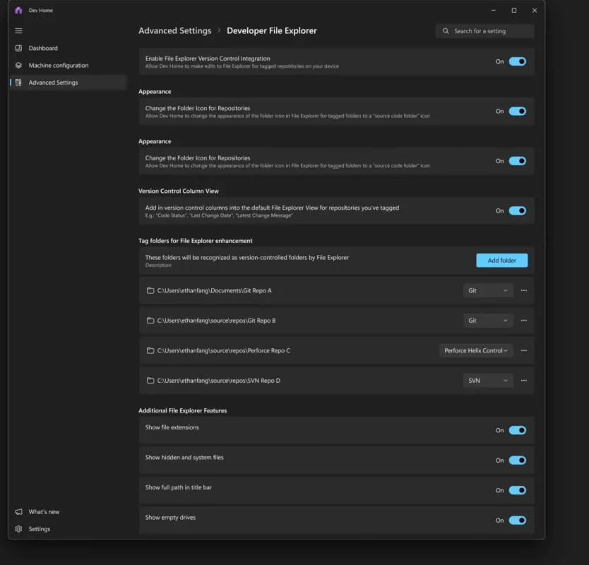 Windows 11 Dev Home Advanced settings with File Explorer options