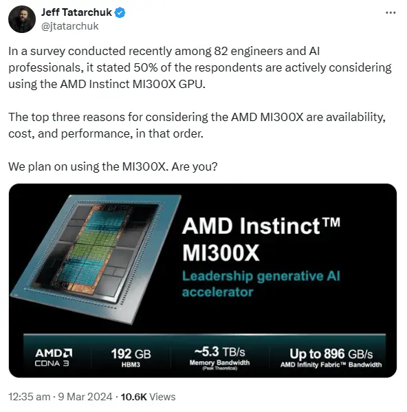 AMD Instinct MI300X GPU from X user of Jeff Tatarchuk