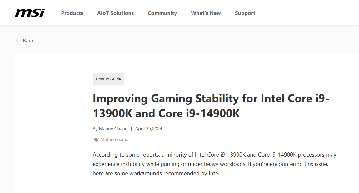 Improving Gaming Stability for Intel Core i9-13900K and Core i9-14900K by MSI