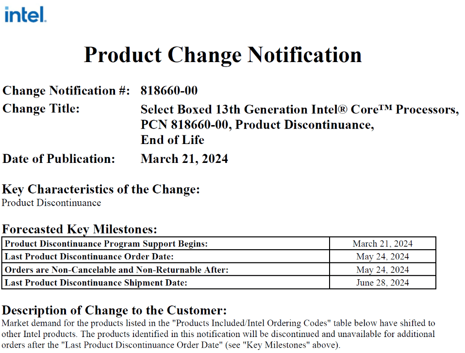 Intel Product Change Notification 818660-00