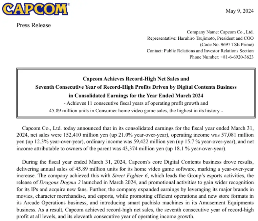 Capcom Press Release